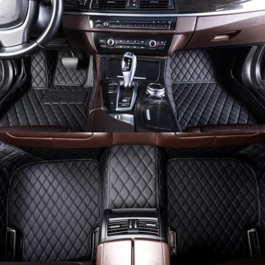 Black and Black Stitching Luxury Leather Diamond Car Floor Mats Clearance