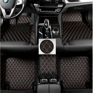 Black and Orange Stitching Luxury Leather Diamond Car Floor Mats Clearance
