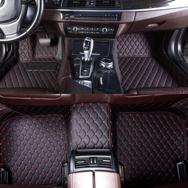 Black and Red Stitching Luxury Leather Diamond Car Floor Mats Clearance Black and Red Stitching Luxury Leather Diamond Car Floor Mats Clearance