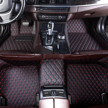 Black and Red Stitching Luxury Leather Diamond Car Mats Clearance