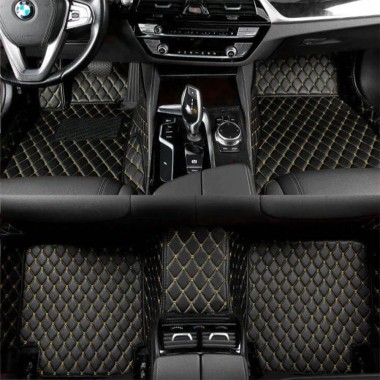 Black and Yellow Stitching Luxury Leather Diamond Car Floor Mats Clearance