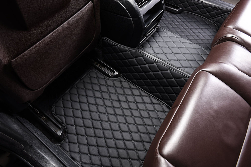 Black and Black Stitching Luxury Leather Diamond Car Mats Clearance