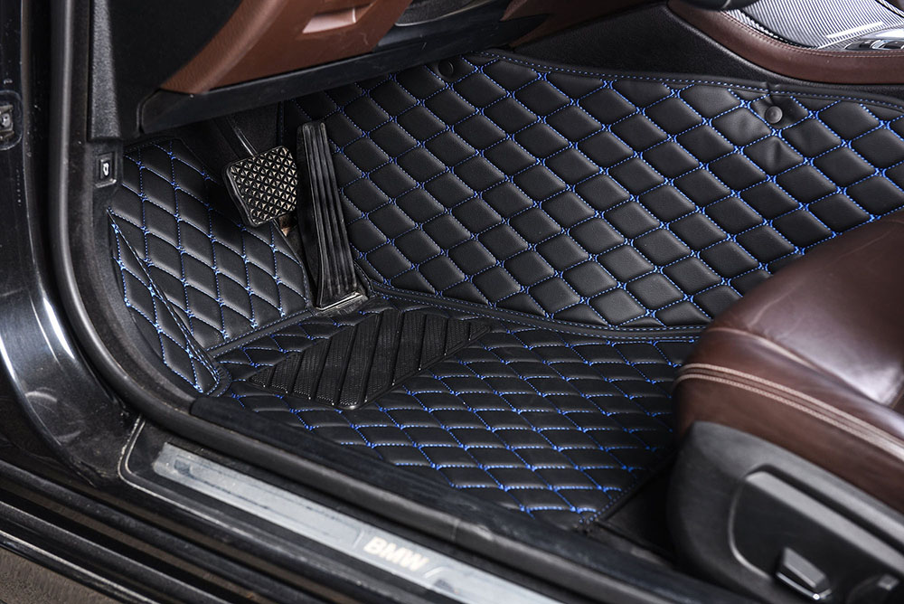 Black and Blue Stitching Luxury Leather Diamond Car Mats Clearance