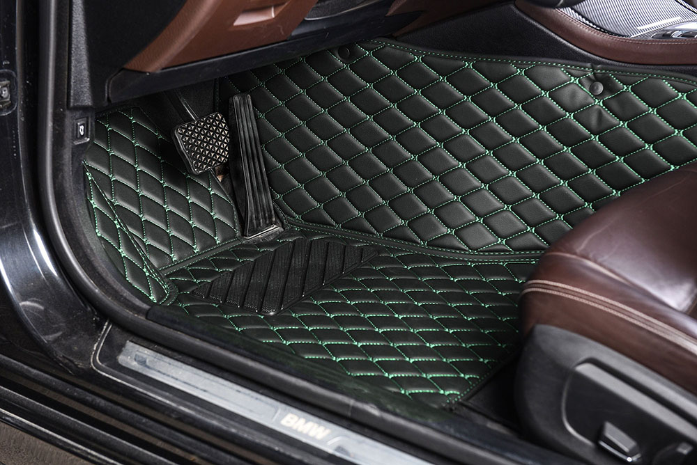 Black and Green Stitching Luxury Leather Diamond Car Mats Clearance