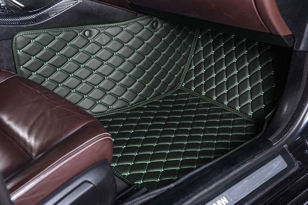 Black and Green Stitching Luxury Leather Diamonds Car Floor Mats Clearance