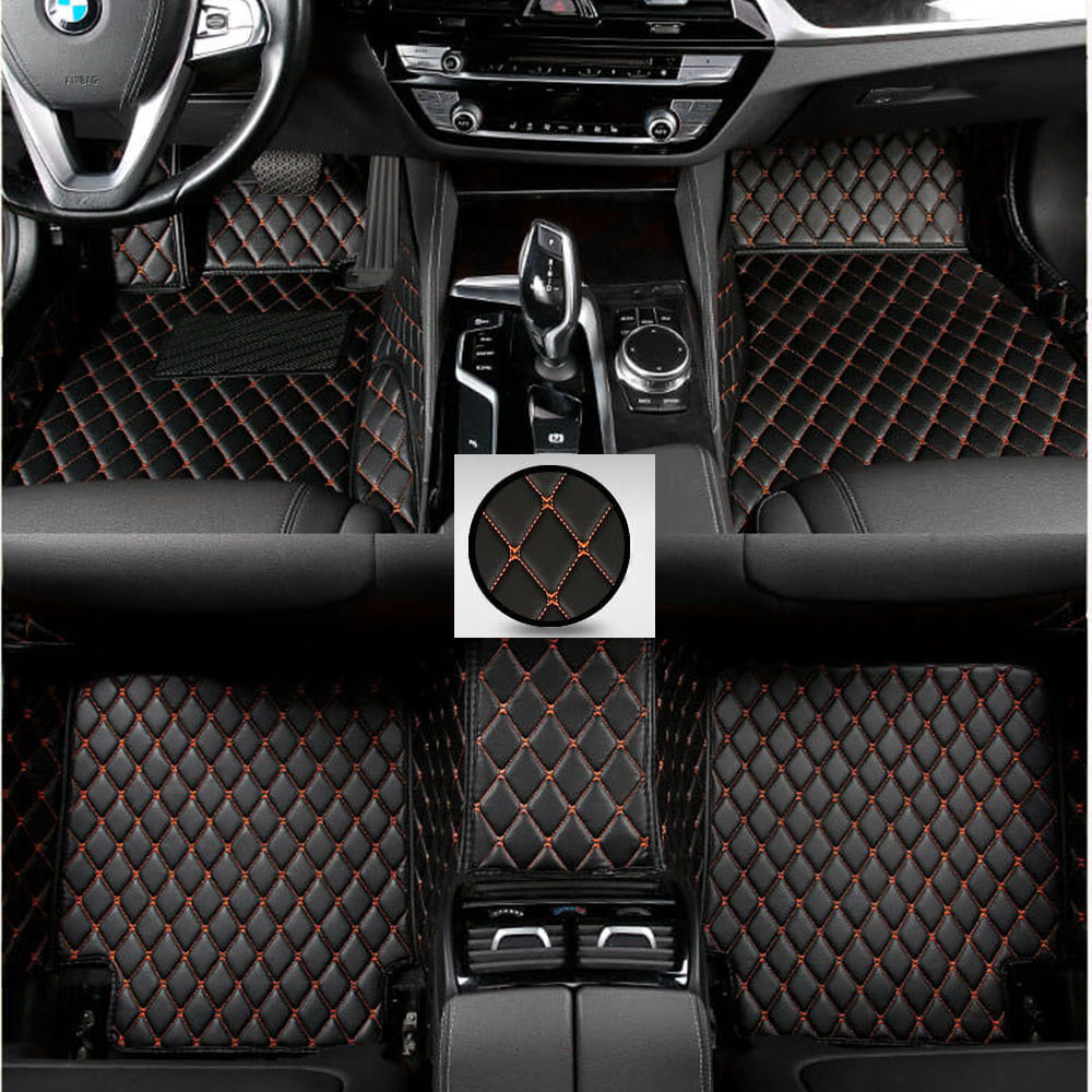 Black and Orange Stitching Luxury Leather Diamond Car Mats Clearance