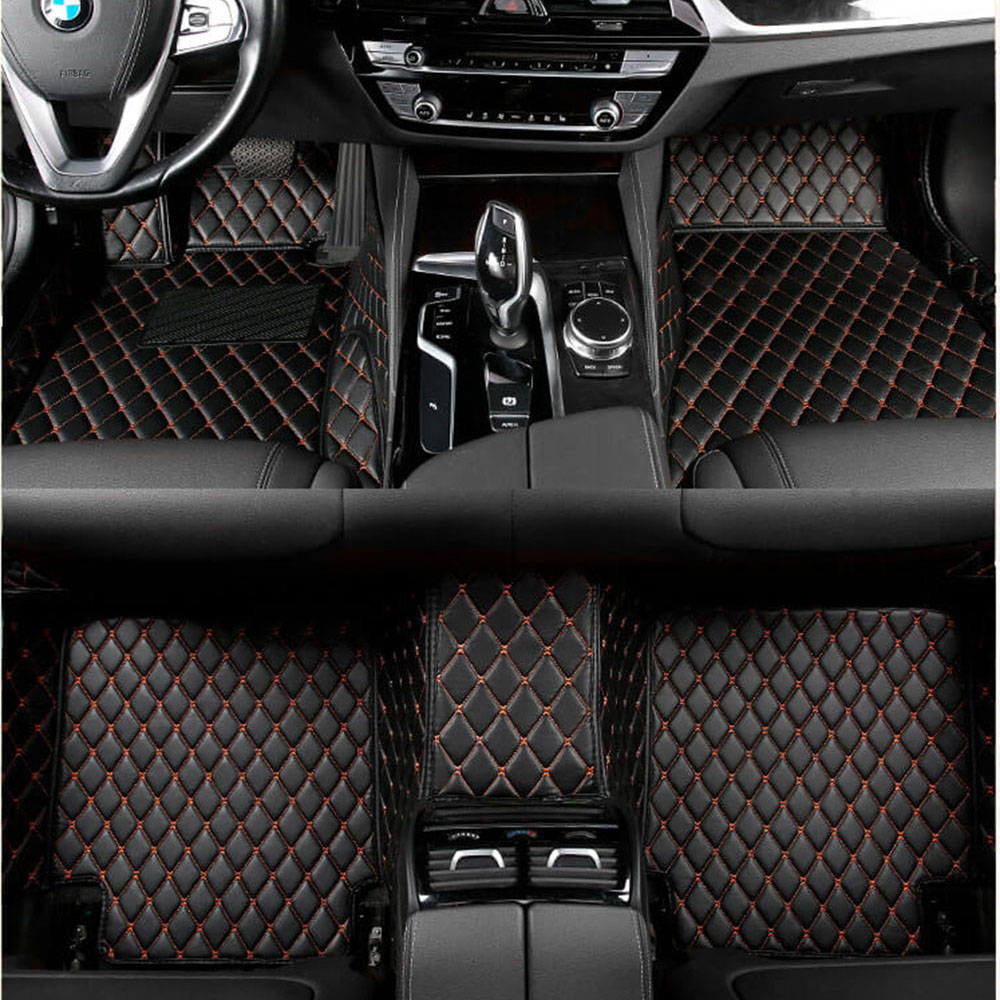 Black and Orange Stitching Luxury Leather Diamond Car Mats Clearance