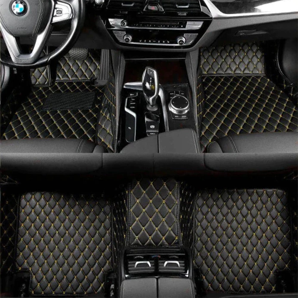 Black and Yellow Stitching Luxury Leather Diamond Car Mats Clearance